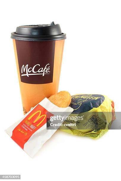 mcdonald's | mccafe coffee, hash brown and an egg mcmuffin - egg mcmuffin stock pictures, royalty-free photos & images