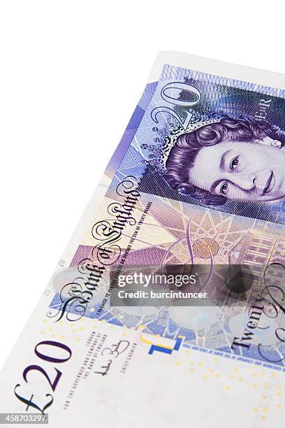 english pound note with queen elizabeth ii, isolated on white - twenty pound note 個照片及圖片檔