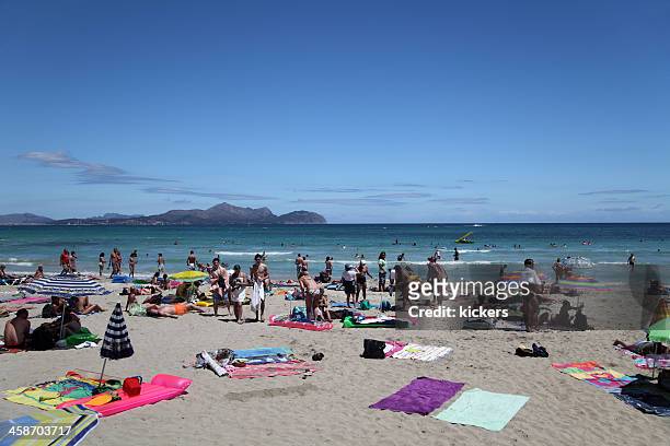 crowded beach of mallorca, spain - skimpy bathing suits stock pictures, royalty-free photos & images
