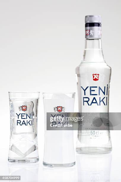 yeni raki bottle and glasses - ouzo stock pictures, royalty-free photos & images