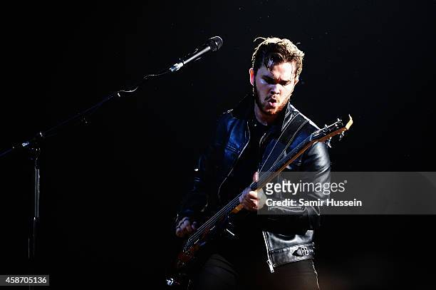Mike Kerr of Royal Blood performs on stage during the MTV EMA's 2014 at The Hydro on November 9, 2014 in Glasgow, Scotland.