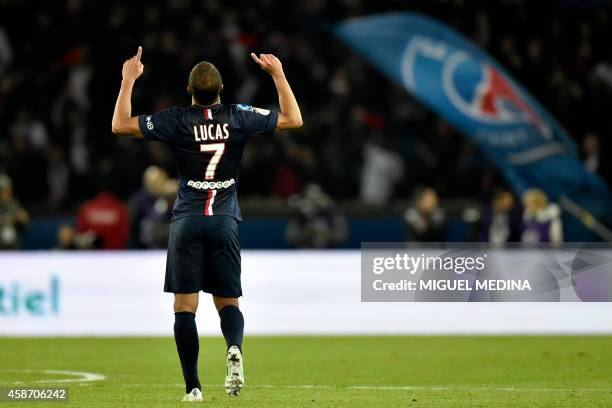 Paris Saint-Germain's Brazilian midfielder Lucas Moura celebrates after opening the scoring during the French L1 football match Paris Saint-Germain...