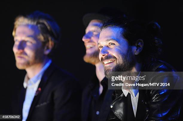 James Johnston, Ben Johnston and Simon Neil of Biffy Clyro attend the MTV EMA's 2014 at The Hydro on November 9, 2014 in Glasgow, Scotland.