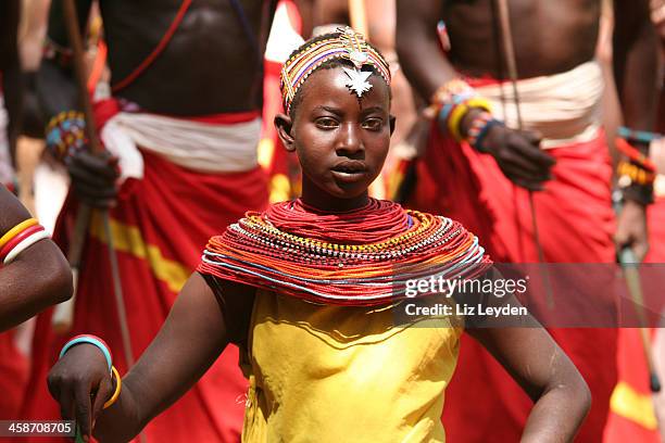 samburu girl stands during a dancing performance - bead stock pictures, royalty-free photos & images