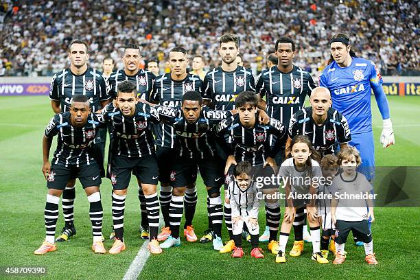 Corinthians team poses for prior photo before the match between Corinthians and Santos for the Brazilian Series A 2014 at Arena Corinthians on...