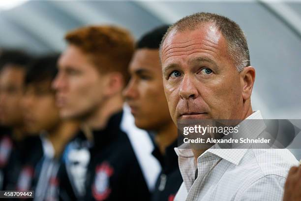 Mano Menezes, coach of Corinthians in action during the match between Corinthians and Santos for the Brazilian Series A 2014 at Arena Corinthians on...