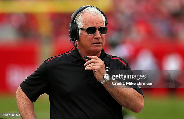 Head coach Mike Smith of the Atlanta Falcons looks on during a game against the Tampa Bay Buccaneers at Raymond James Stadium on November 9, 2014 in...