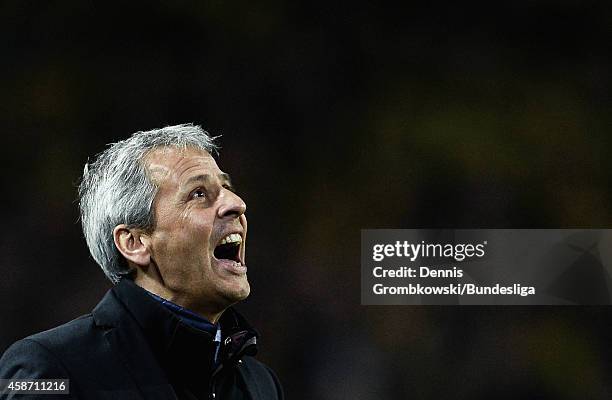 Head coach Lucien Favre of Borussia Moenchengladbach reacts during the Bundesliga match between Borussia Dortmund and Borussia Moenchengladbach at...