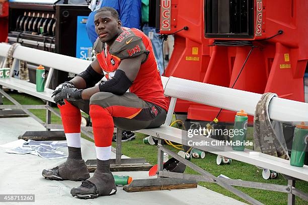 Demar Dotson of the Tampa Bay Buccaneers looks on during the second half of the game against the Atlanta Falcons at Raymond James Stadium on November...