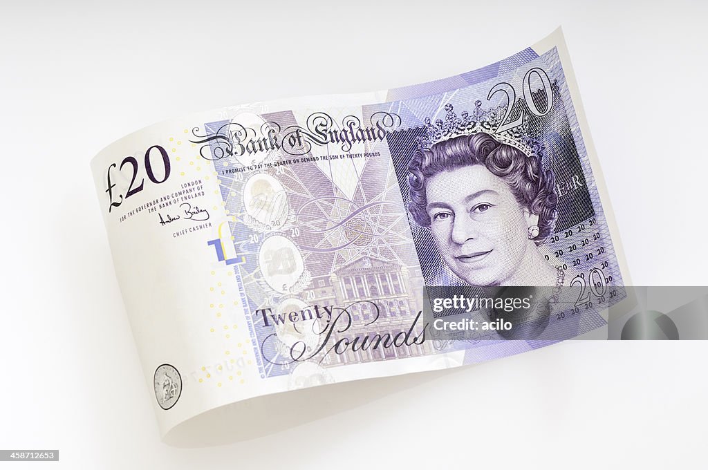 Waved twenty pound note / british currency