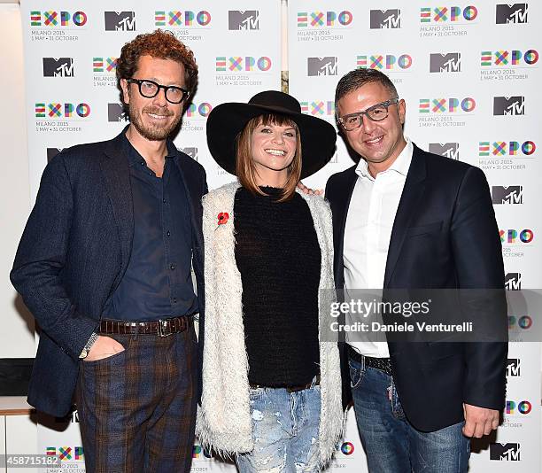 Andrea Castellari, Alessandra Amoroso and Raffaele Annecchino attend Press Conference for Milan, city of Expo2015, will host next year MTV EMA show...