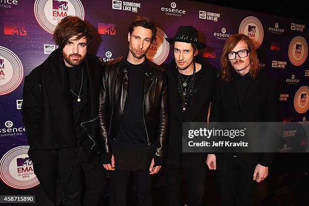 Casper Starreveld, Eloi Youssef, Niles Vandenberg and Jan Haker of band Kensington attend the MTV EMA's 2014 at The Hydro on November 9, 2014 in...