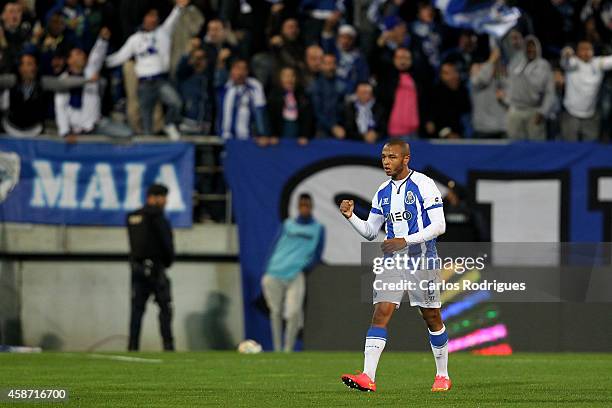Porto's midfielder Yacine Brahimi celebrates scoring Porto«s Goal during the Portuguese First League match between GD Estoril Praia and FC Porto at...
