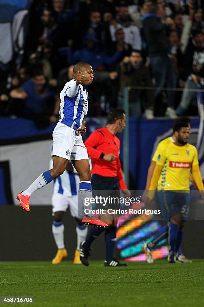 Porto's midfielder Yacine Brahimi celebrates scoring Porto«s Goal during the Portuguese First League match between GD Estoril Praia and FC Porto at...