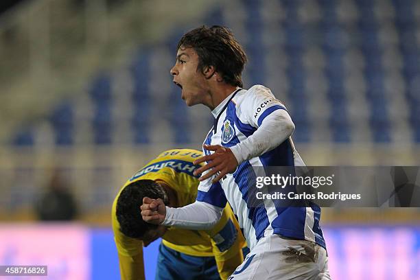 Porto's midfielder Oliver Torres celebrates Porto«s second goal during the Portuguese First League match between GD Estoril Praia and FC Porto at...