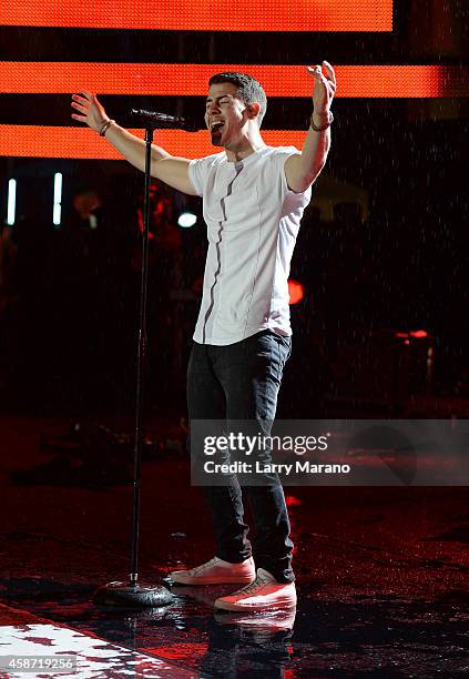 Nick Jonas performs on stage during the 2014 MTV EMA Kick Off at the Klipsch Amphitheater on November 9, 2014 in Miami, Florida.