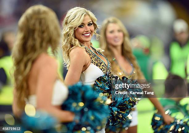 The Jacksonville Jaguars cheerleaders dance as the Dallas Cowboys play the Jacksonville Jaguars in an NFL match at Wembley Stadium on November 9,...