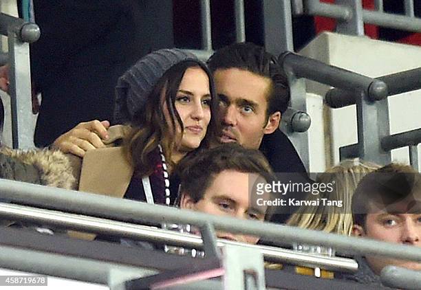Lucy Watson and Spencer Matthews attend as the Dallas Cowboys play the Jacksonville Jaguars in an NFL match at Wembley Stadium on November 9, 2014 in...