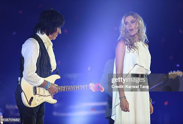 Joss Stone and Jeff Beck perform prior to the Dallas Cowboys versus Jacksonville Jaguars NFL match at Wembley Stadium on November 9, 2014 in London,...