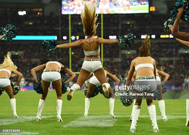 The Jacksonville Jaguars cheerleaders dance as the Dallas Cowboys play the Jacksonville Jaguars in an NFL match at Wembley Stadium on November 9,...