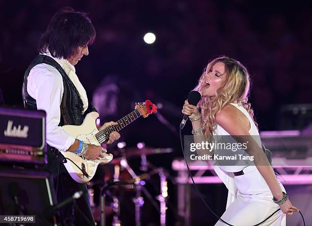 Joss Stone and Jeff Beck perform prior to the Dallas Cowboys versus Jacksonville Jaguars NFL match at Wembley Stadium on November 9, 2014 in London,...