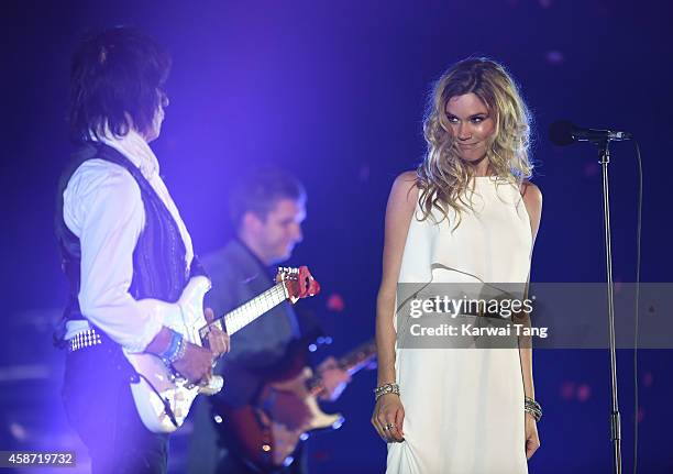 Joss Stone and Jeff Beck perform prior to the Dallas Cowboys versus Jacksonville Jaguars NFL match at Wembley Stadium on November 9, 2014 in London,...