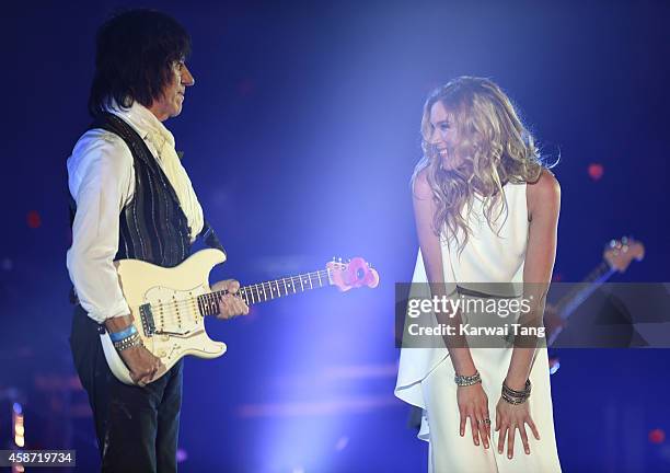 Joss Stone and Jeff Beck perform prior to the Dallas Cowboys versus Jacksonville Jaguars NFL match at Wembley Stadium on November 9, 2014 in London,...