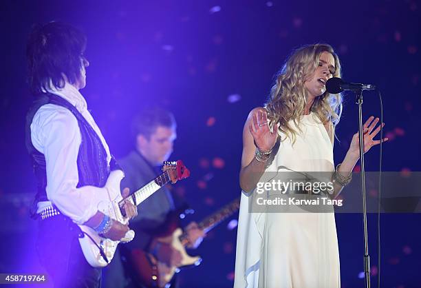 Joss Stone and Jeff Beck perform prior to the Dallas Cowboys versus Jacksonville Jaguars NFL match at Wembley Stadium on November 9, 2014 in London,...