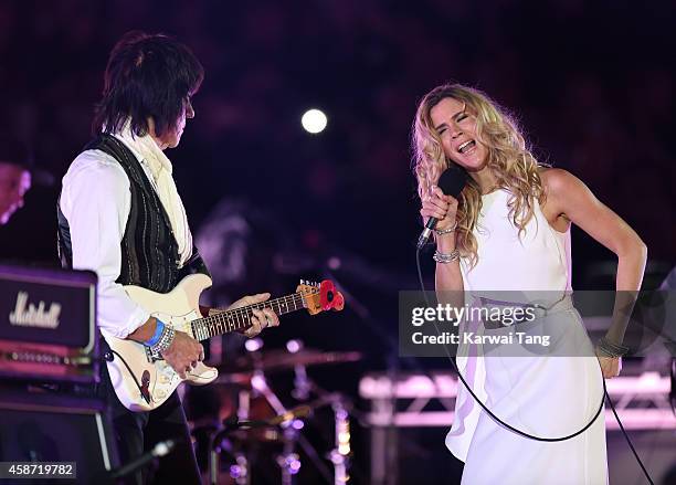 Joss Stone and Jeff Beck perform prior to the Dallas Cowboys versus Jacksonville Jaguars NFL match at Wembley Stadium on November 9, 2014 in London,...