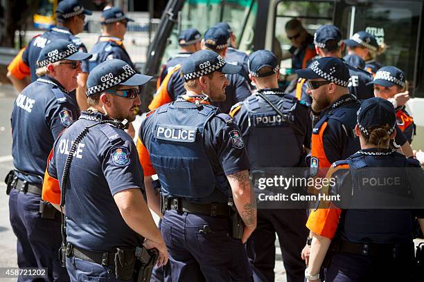 Police patrol in the Brisbane CBD ahead of the G20 Leader's Summit on November 10, 2014 in Brisbane, Australia. The G20 summit will be held November...