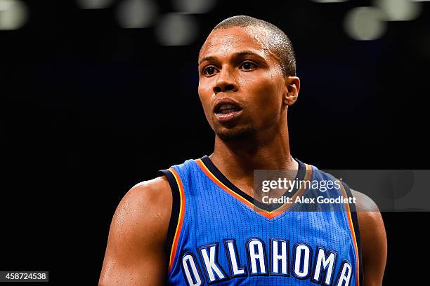 Sebastian Telfair of the Oklahoma City Thunder looks on during a game against the Brooklyn Nets at the Barclays Center on November 3, 2014 in the...