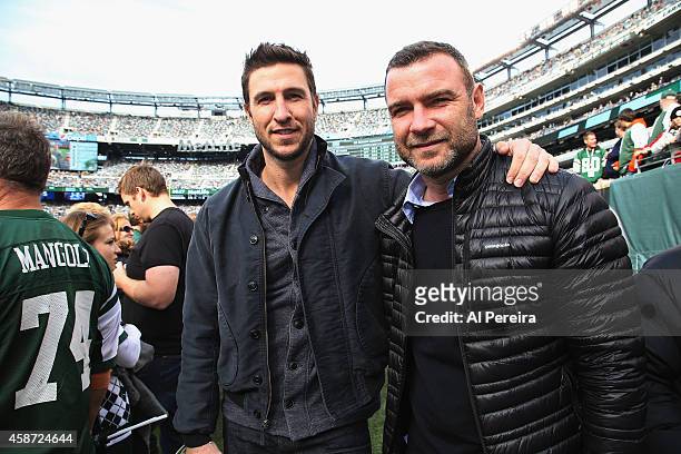 Actors Pablo Schreiber and Liev Schrieber attend the Pittsburgh Steelers vs New York Jets game at MetLife Stadium on November 9, 2014 in East...