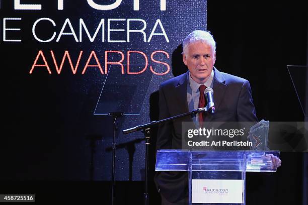 Honoree Robert Yeoman accepts the Hamilton Behind the Camera Award for cinematography onstage during The 2014 Hamilton Behind the Camera Awards...
