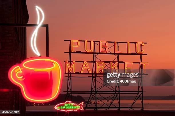 neon seattle’s best coffee - pike place market sign stock pictures, royalty-free photos & images