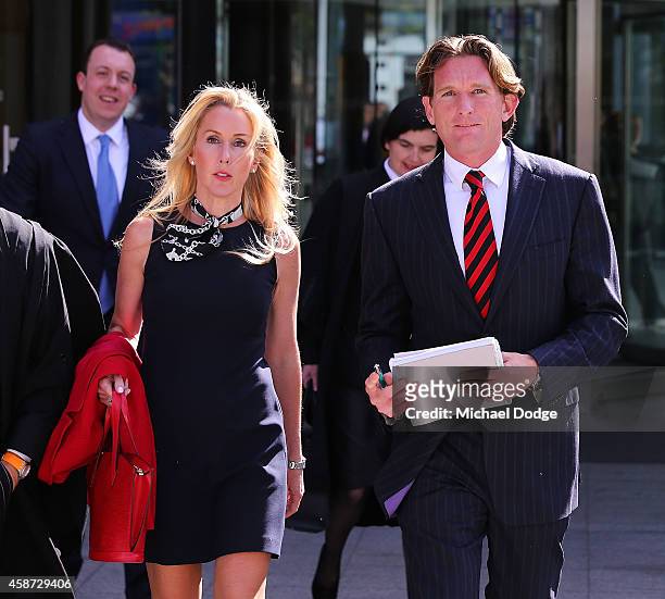 Essendon Bombers coach James Hird and wife Tania Hird leave the Melbourne Federal Court on November 10, 2014 in Melbourne, Australia. Essendon...