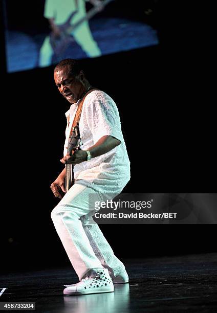 Musician Robert "Kool" Bell of Kool & the Gang performs during Centric Presents: The Soul Train Review at The Orleans Showroom at The Orleans Hotel &...
