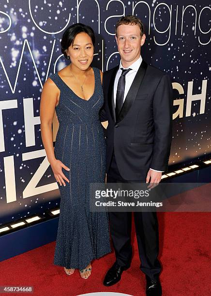 Breakthrough Prize Founders Priscilla Chan and Mark Zuckerberg attend the Breakthrough Prize Awards Ceremony Hosted By Seth MacFarlane at NASA Ames...