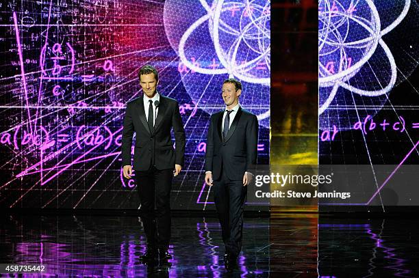 Presenter Benedict Cumberbatch and Breakthrough Prize Founder Mark Zuckerburg speak onstage during the Breakthrough Prize Awards Ceremony Hosted By...