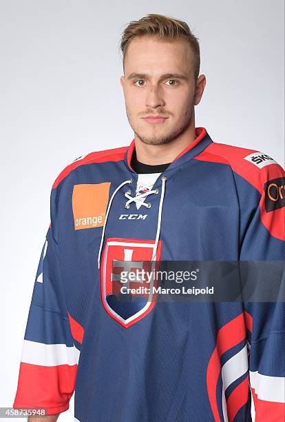 Lukas Kozak of Slovakia poses for a portrait during the Slovakia men's national ice hockey team presentation on November 6, 2014 in Munich, Germany.