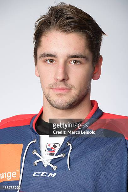 Lukas Cingel of Slovakia poses for a portrait during the Slovakia men's national ice hockey team presentation on November 6, 2014 in Munich, Germany.