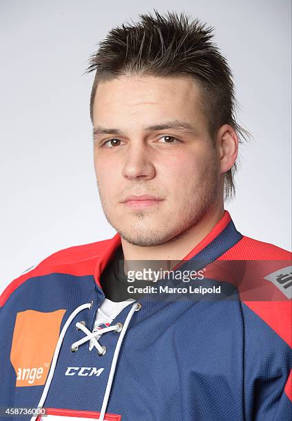 Patrik Lusuak of Slovakia poses for a portrait during the Slovakia men's national ice hockey team presentation on November 6, 2014 in Munich, Germany.