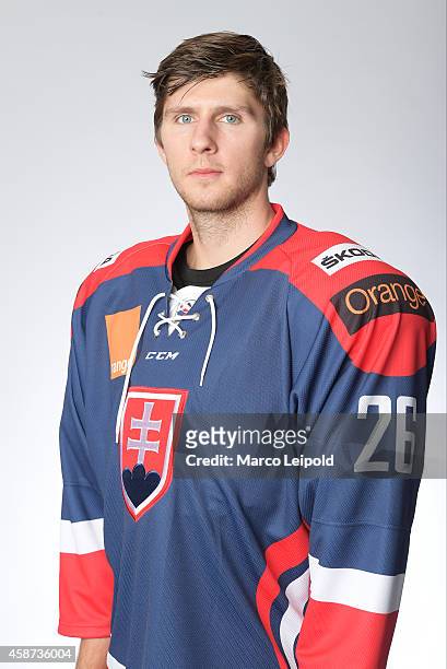 Vuraj Mikus of Slovakia poses for a portrait during the Slovakia men's national ice hockey team presentation on November 6, 2014 in Munich, Germany.