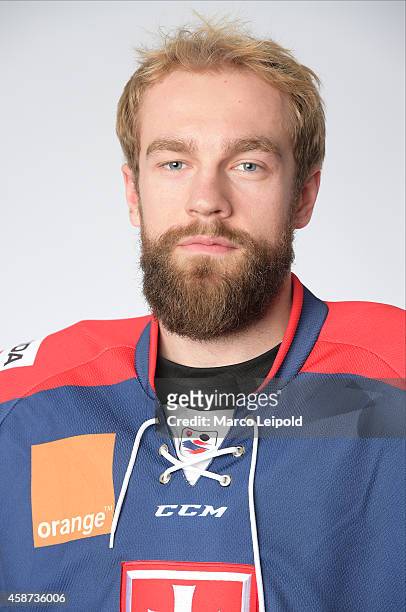Tomas Marcinko of Slovakia poses for a portrait during the Slovakia men's national ice hockey team presentation on November 6, 2014 in Munich,...