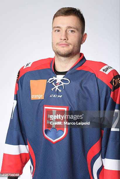 Rastislav Dej of Slovakia poses for a portrait during the Slovakia men's national ice hockey team presentation on November 6, 2014 in Munich, Germany.
