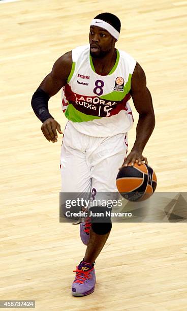 Doron Perkins, #8 of Laboral Kutxa Vitoria in action during the 2014-2015 Turkish Airlines Euroleague Basketball Regular Season Date 4 game between...