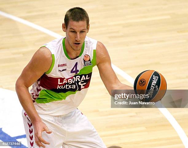 Colton Iverson, #4 of Laboral Kutxa Vitoria in action during the 2014-2015 Turkish Airlines Euroleague Basketball Regular Season Date 4 game between...