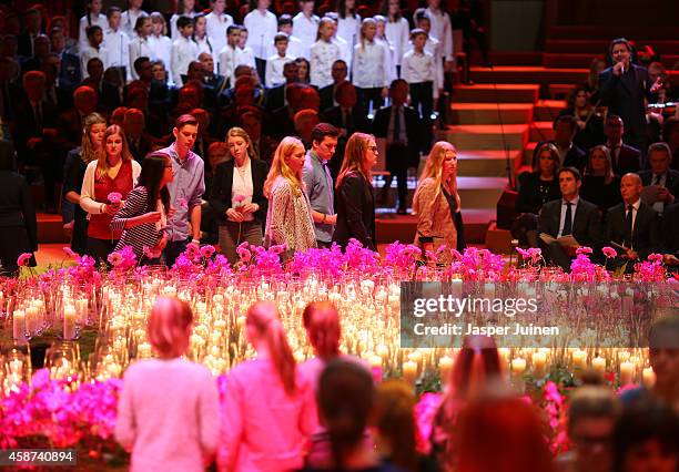 Relatives and friends of the victims of the Malaysia Airlines Flight 17 disaster place flowers around candles which represent the number of people...