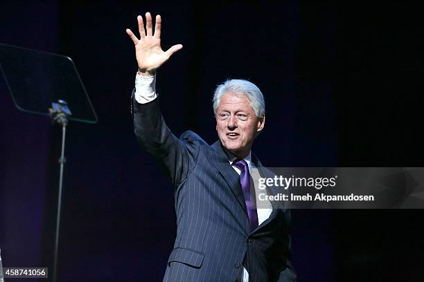Former President Bill Clinton appears onstage at the 2014 Thelonious Monk International Jazz Trumpet Competition at Dolby Theatre on November 9, 2014...