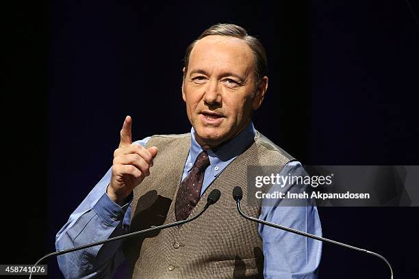 Actor Kevin Spacey speaks onstage at the 2014 Thelonious Monk International Jazz Trumpet Competition at Dolby Theatre on November 9, 2014 in...
