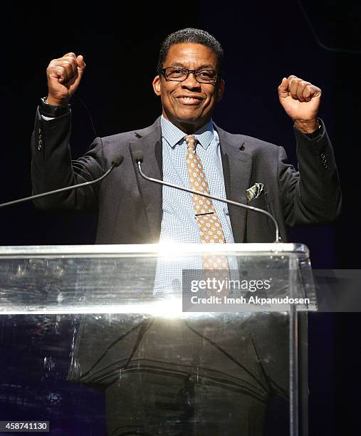 Musician Herbie Hancock speaks onstage at the 2014 Thelonious Monk International Jazz Trumpet Competition at Dolby Theatre on November 9, 2014 in...